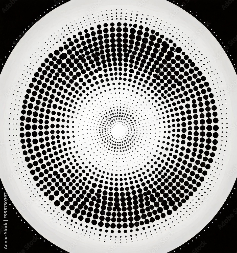 Poster a circular pattern composed of black dots arranged in a radial fashion, creating a sense of depth and movement The dots are evenly spaced, and the overall design has a
