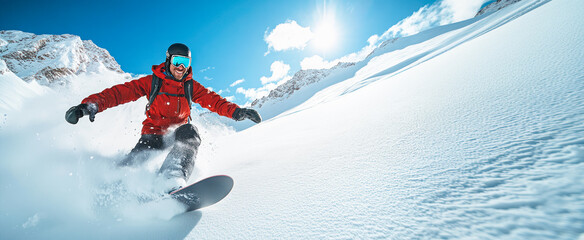 Man enjoying snowboarding in mountain ski resort with amazing winter landscape banner. Male snowboarder on slope with professional equipment on sunny day Man carving down slope against clear blue sky