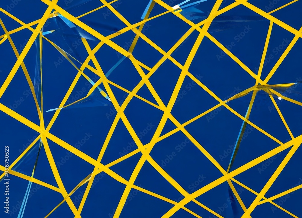 Poster a complex pattern of intersecting diagonal lines in various shades of blue and yellow, creating a visually striking abstract design