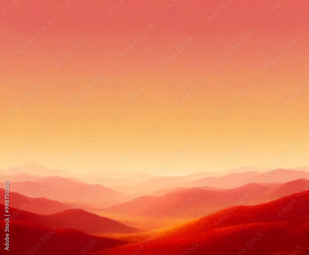 Poster a serene landscape with rolling hills bathed in a warm, orange-yellow hue, creating a sense of depth