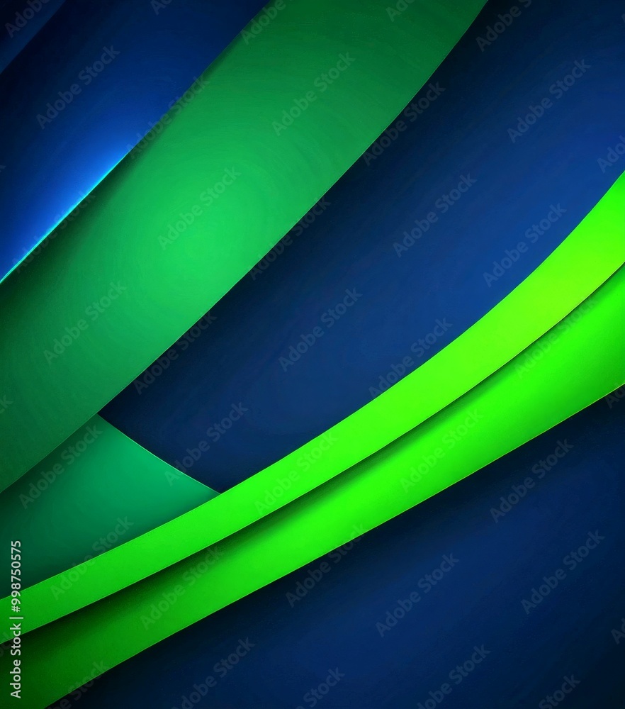 Poster a dark blue background with diagonal green and blue stripes, creating a dynamic and visually striking composition
