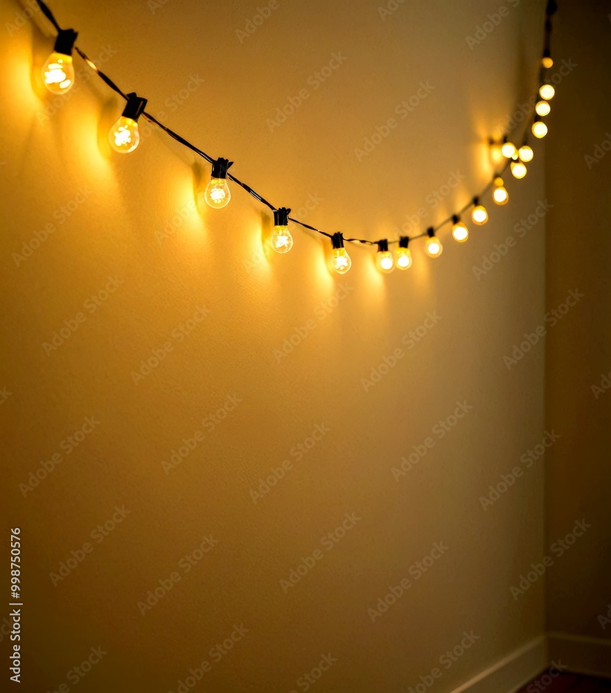 Leinwandbilder A string of small, round, glowing lights is strung across a wall, creating a warm and inviting atmosphere