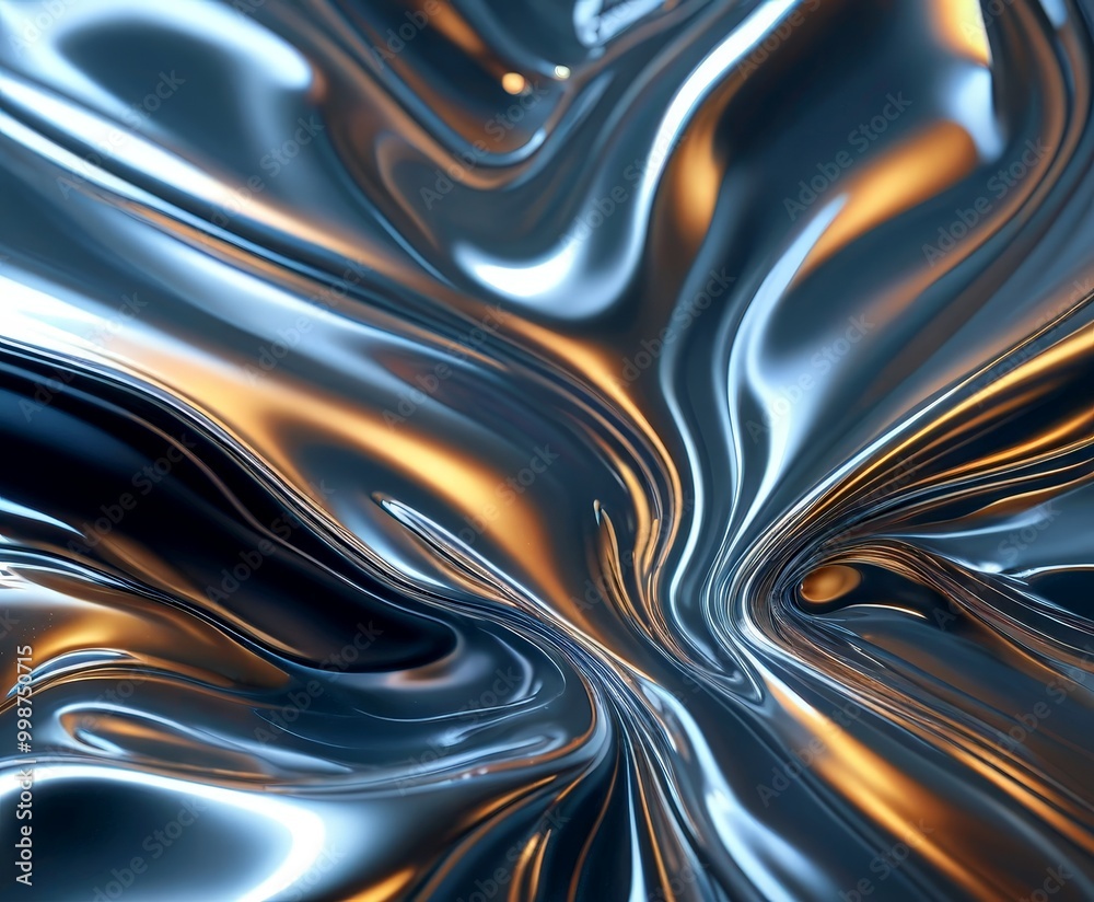 Poster a swirling pattern of metallic textures in shades of blue, silver, and gold, creating a dynamic and visually captivating abstract design
