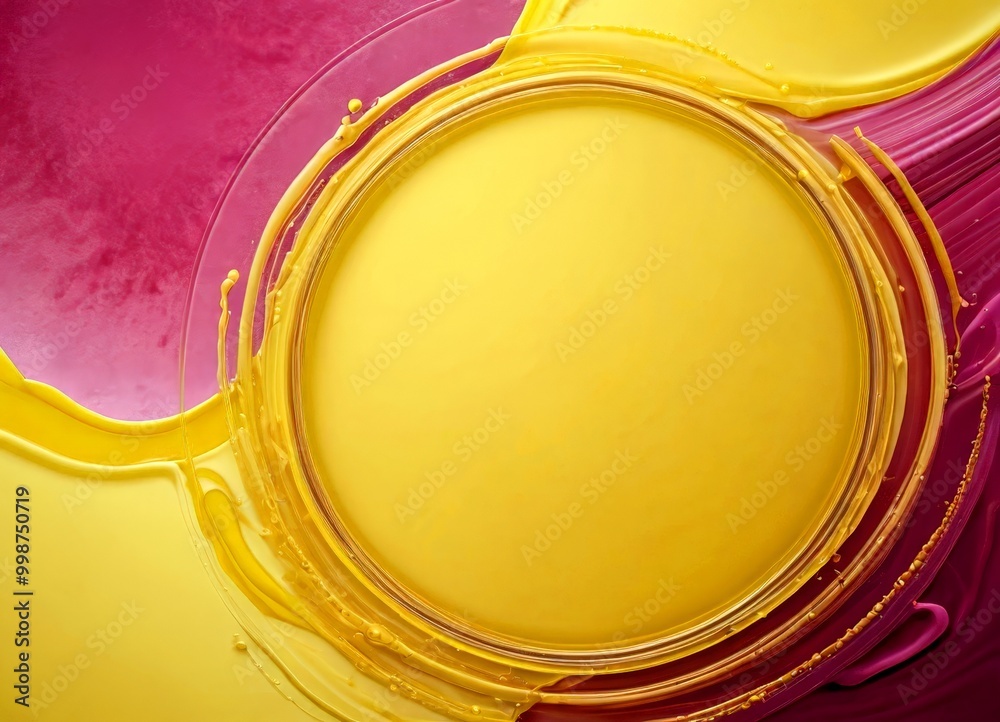 Poster a vibrant abstract composition with a large yellow circle at the center, surrounded by splashes of pink and purple paint The background is a gradient transitioning from pink