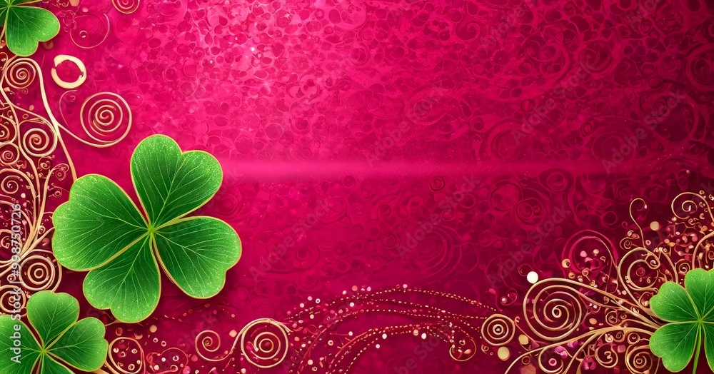 Leinwandbilder a vibrant red background adorned with a repeating pattern of green clovers and gold swirls, creating