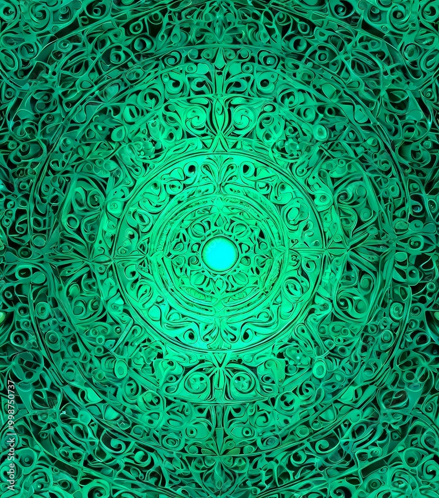 Poster a circular pattern with a central green circle surrounded by intricate, swirling designs in a dark green color