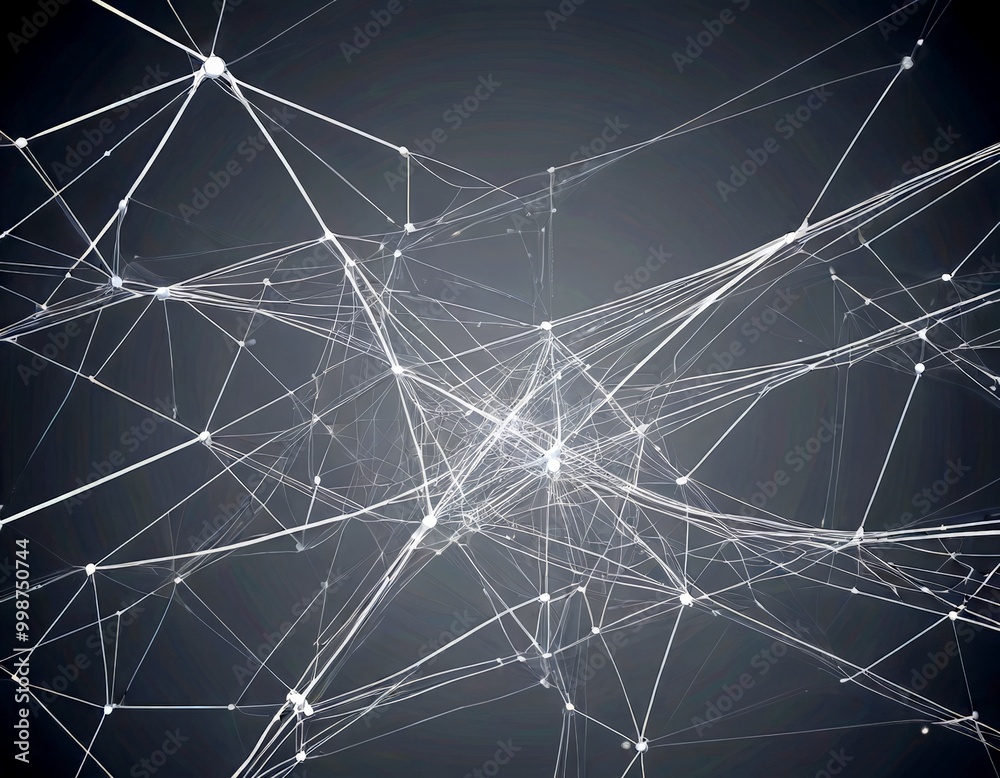 Poster a complex network of interconnected lines and points, creating a visually striking abstract pattern against a gray background