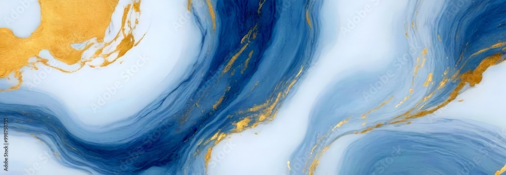 Poster a marble-like abstract pattern with swirling blue and gold hues, creating a sense of movement and fl