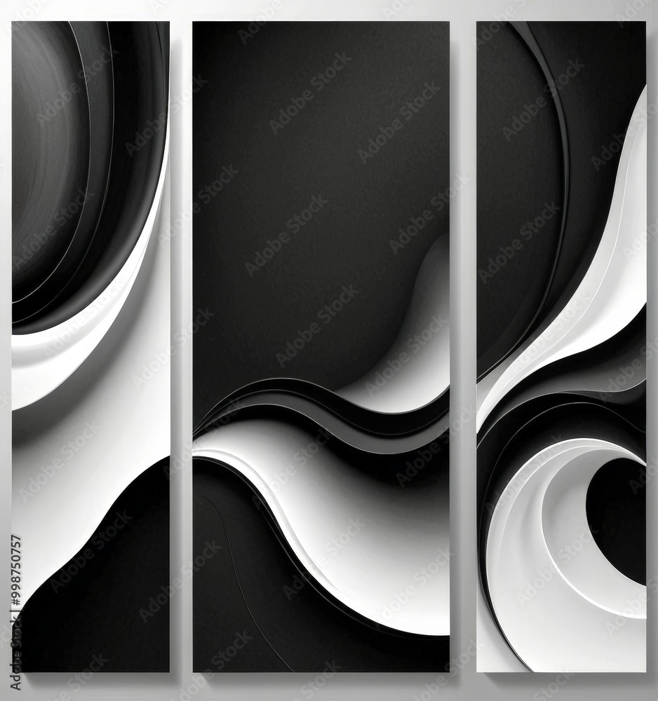 Aufkleber Three abstract art panels, each with a unique wave-like pattern in black and white, arranged in a triptych