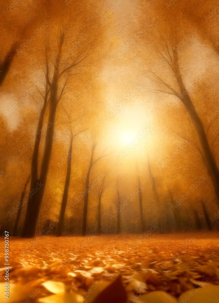 Poster a serene autumn scene unfolds in a forest, with the sun's rays filtering through the trees and casti