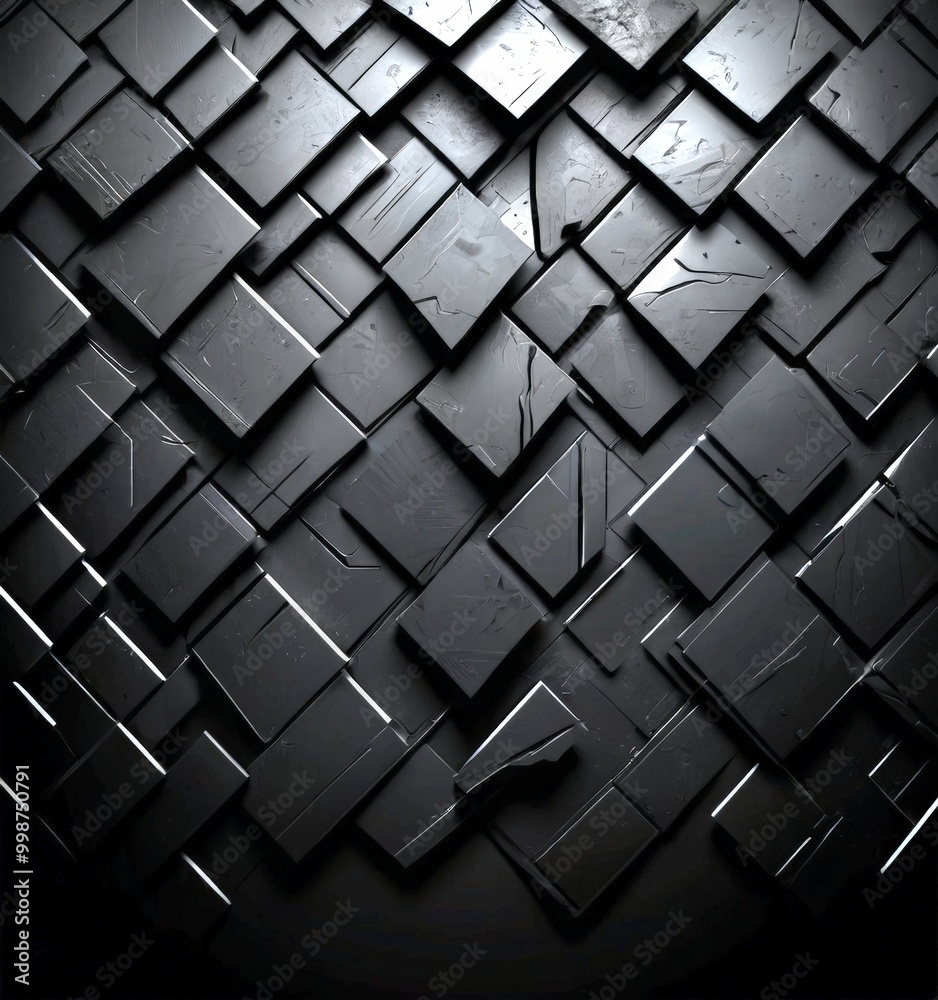 Poster a dark, abstract pattern composed of numerous black square tiles arranged in a diagonal grid-like pattern The tiles have a rough, textured appearance, and in a