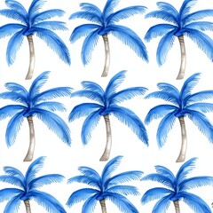 Coastal watercolor pattern on white background with palm trees and tropical branches. Craft use or textile use.