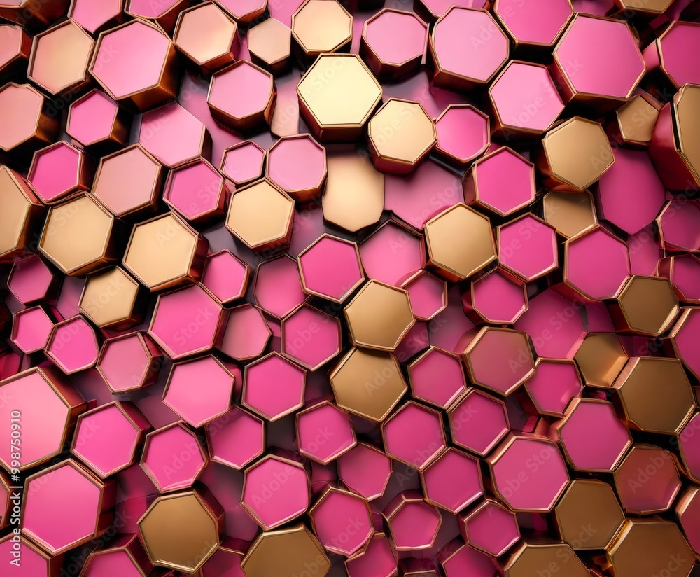 Poster A pattern of overlapping hexagonal shapes in various shades of pink and gold, creating a visually striking and abstract design