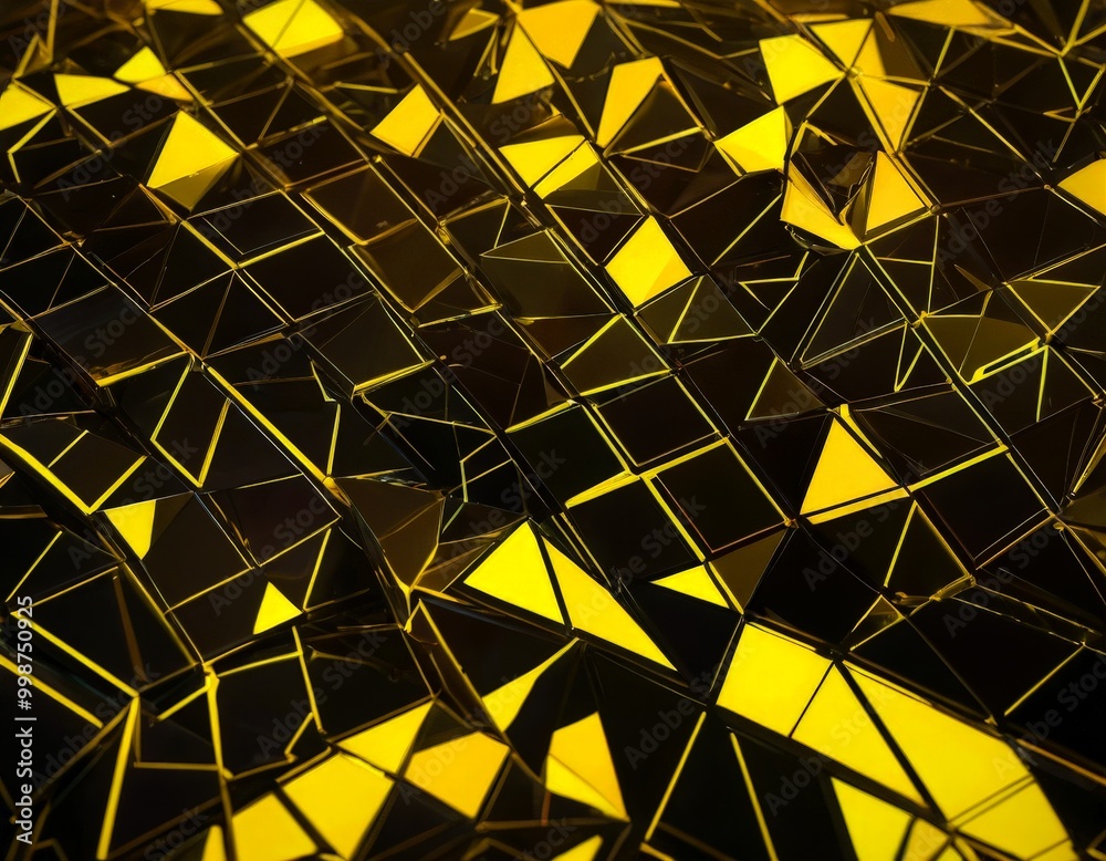 Poster a close-up view black and yellow geometric pattern composed of numerous triangular shapes, creating a visually striking and abstract design