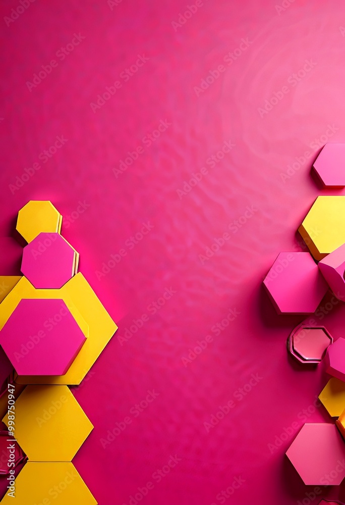 Poster a vibrant abstract composition of overlapping hexagonal shapes in pink and yellow against a pink background