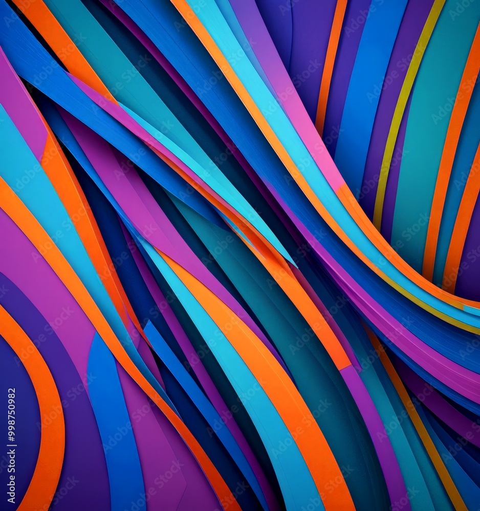 Poster a vibrant abstract composition of overlapping curved lines in various shades of blue, purple, orange, and yellow, creating a dynamic and visually striking pattern