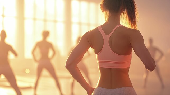 Group Exercise Classes feature a diverse group engaged in an energetic workout session, all framed by a vibrant and lively gym atmosphere.