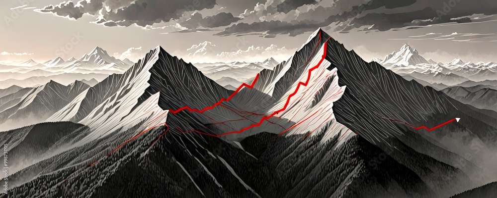 Poster a dramatic mountain landscape with a striking red line tracing the contours of the peaks, set agains