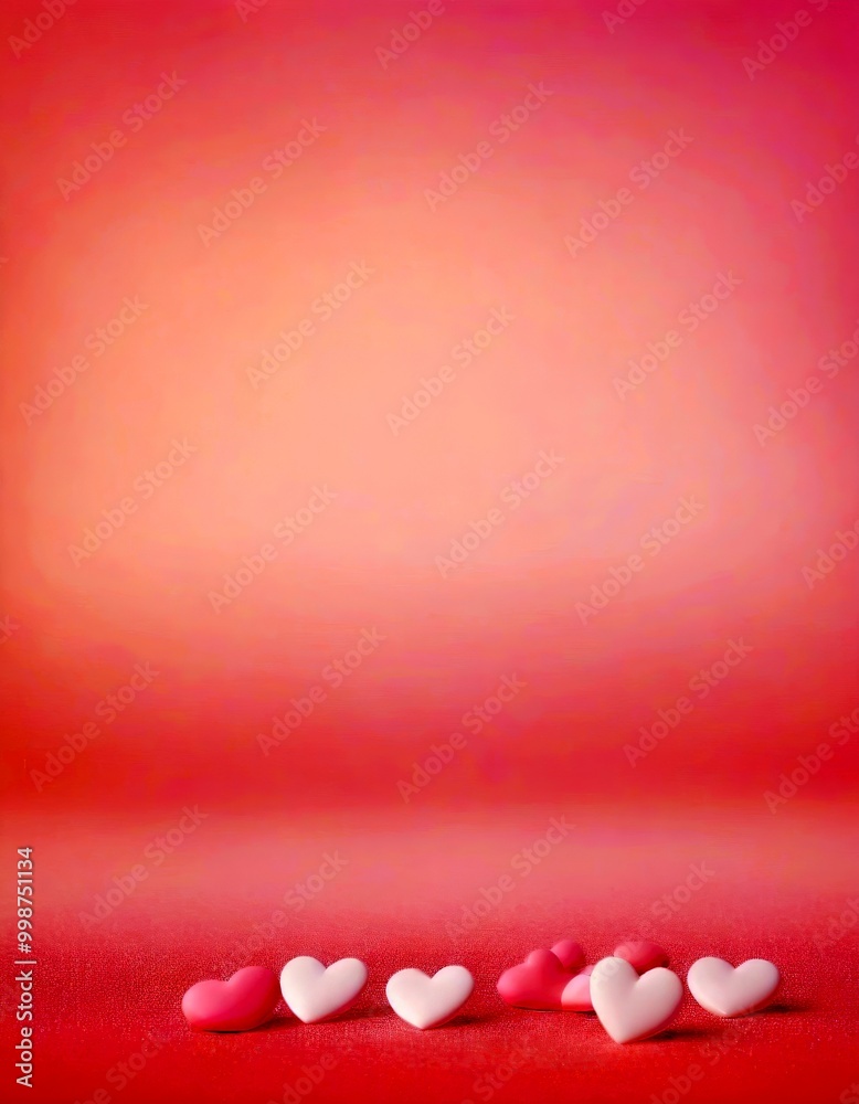 Poster six small heart-shaped objects in various shades of pink and white are scattered across a pink backg