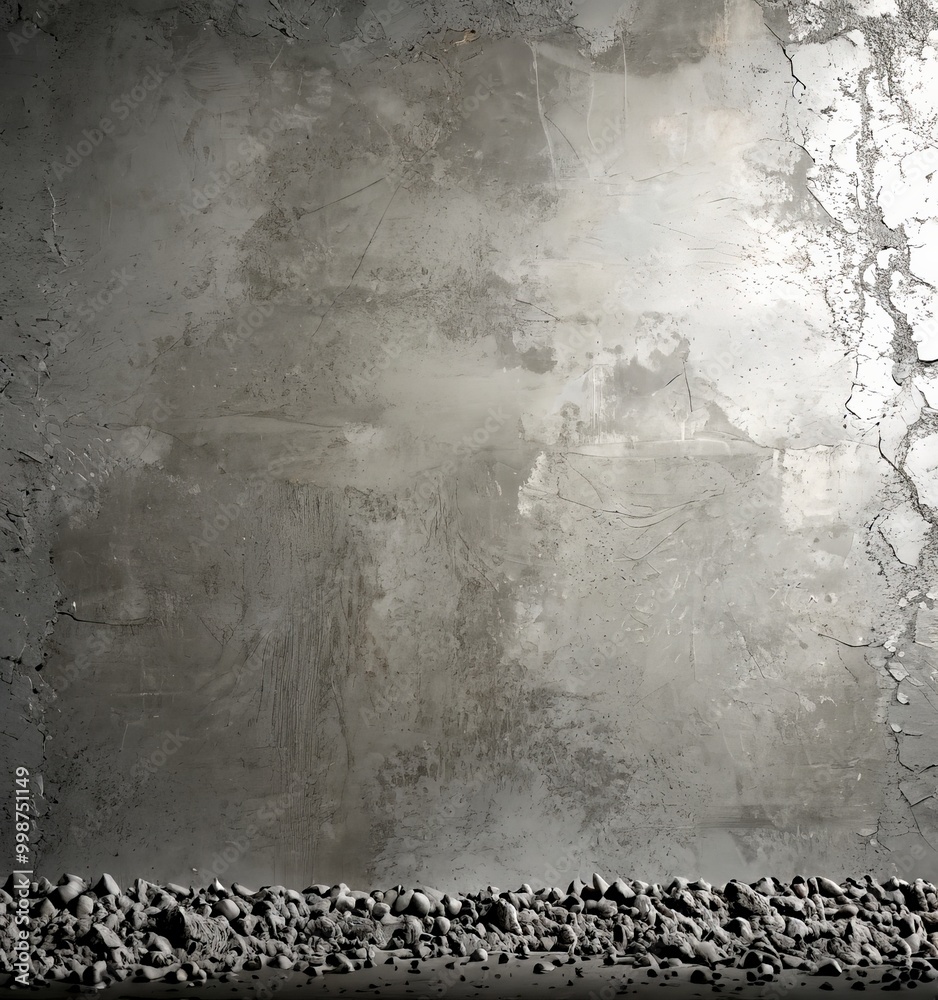 Poster a textured gray concrete wall with a small pile of rocks at the bottom