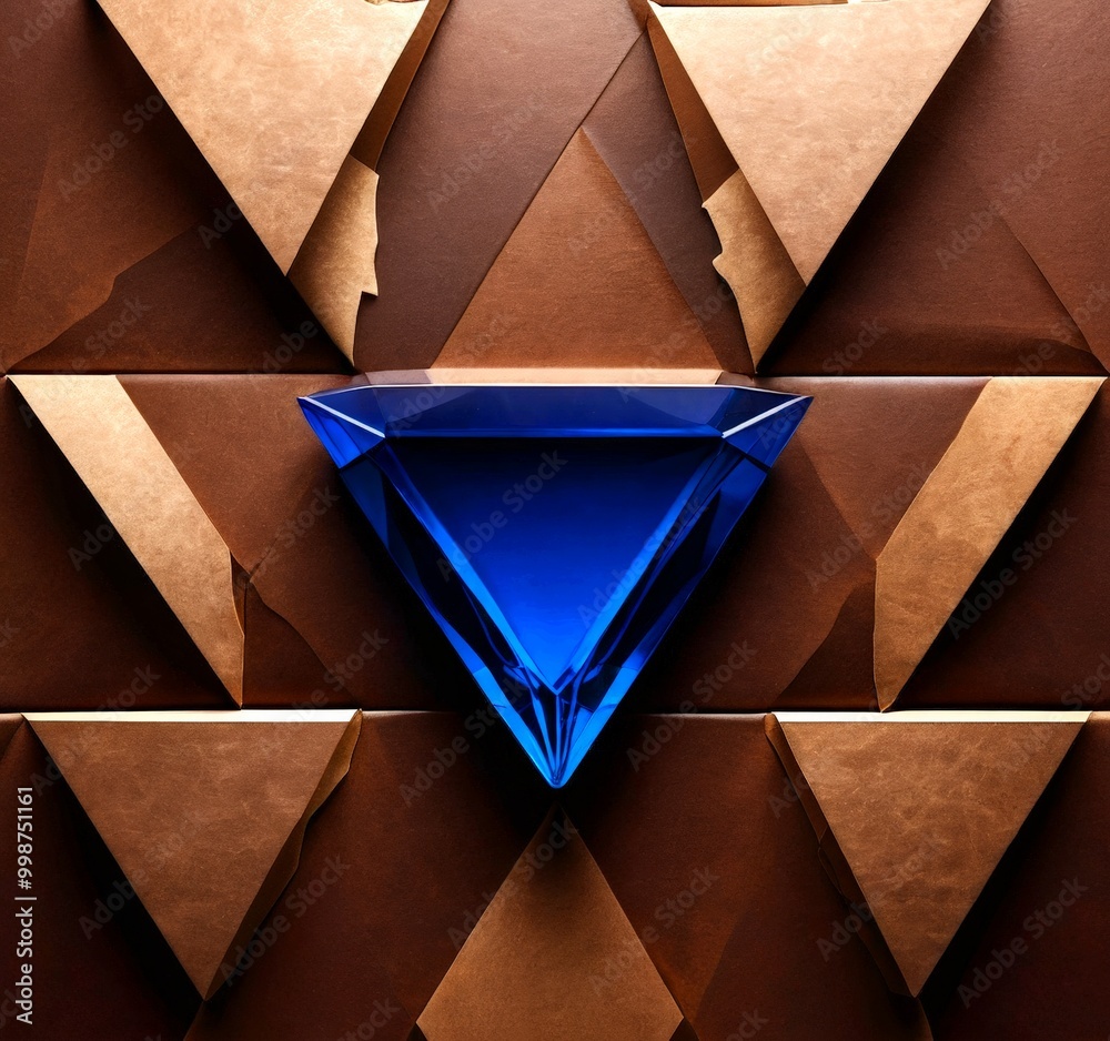 Fototapete a blue triangular prism is centered against a backdrop of brown paper triangles, creating a striking