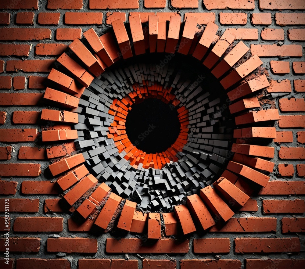 Poster a brick wall with a circular opening in the center, surrounded by a ring of bricks in various shades