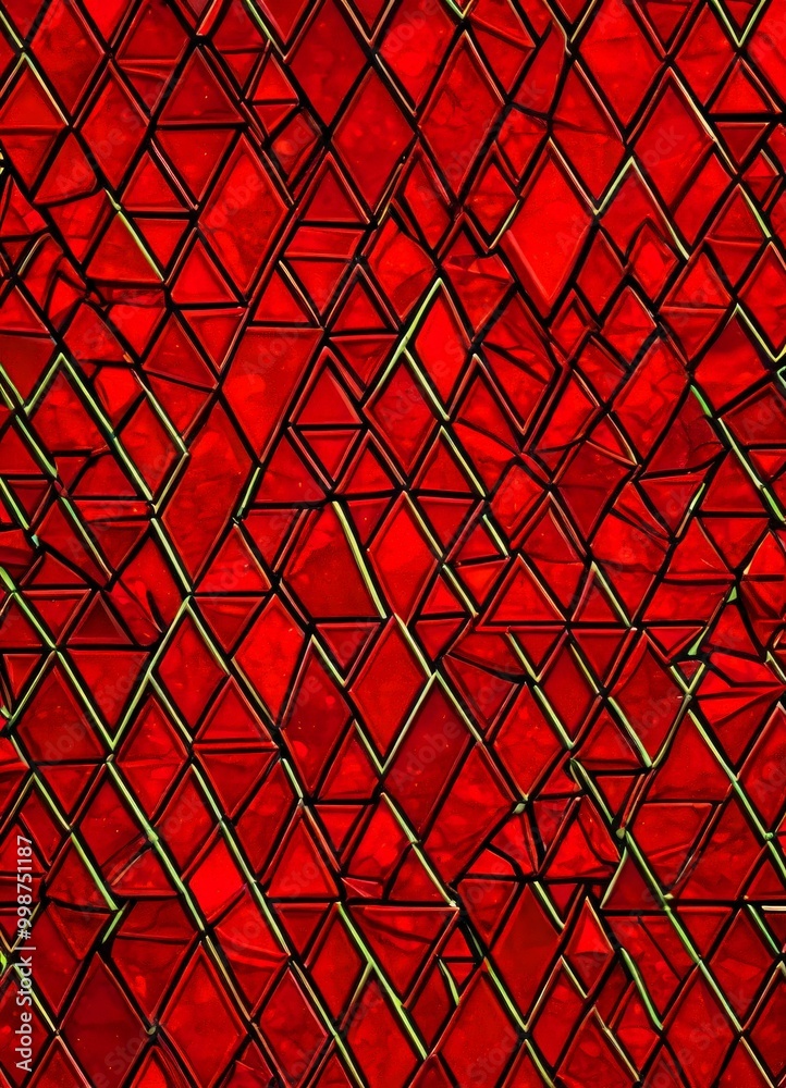Poster a close-up view red mosaic composed of numerous small, triangular tiles arranged in a grid-like pattern The tiles are predominantly red, with some green accents, and