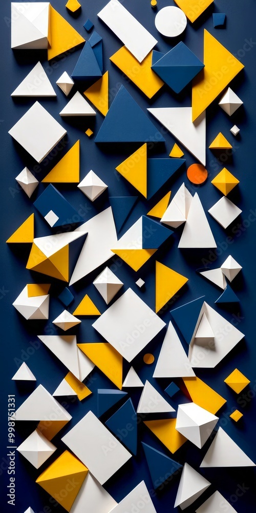 Poster a vibrant geometric pattern composed of various shapes, including triangles, rectangles, and circles