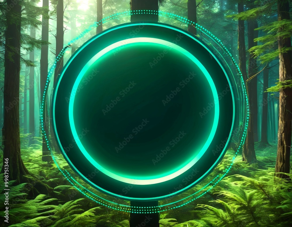 Aufkleber a glowing green circular frame is centered in a dense forest, surrounded by tall trees and lush gree