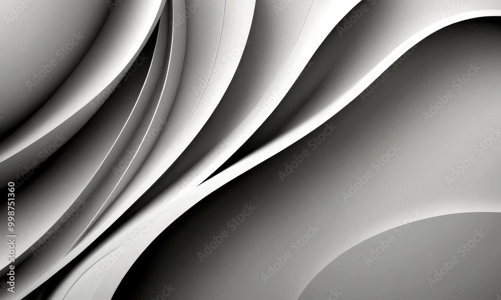 Poster a monochromatic abstract composition featuring curved lines and shapes in shades of gray, white, and