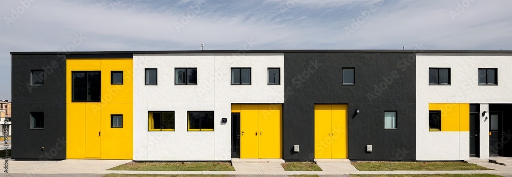 Aufkleber a modern residential building with a striking color scheme of black, white, and yellow, featuring a 
