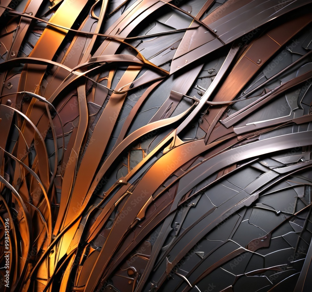 Aufkleber a complex, abstract pattern of intersecting metallic lines and curves, creating a sense of depth and movement The metallic elements exhibit a range of colors, including shades