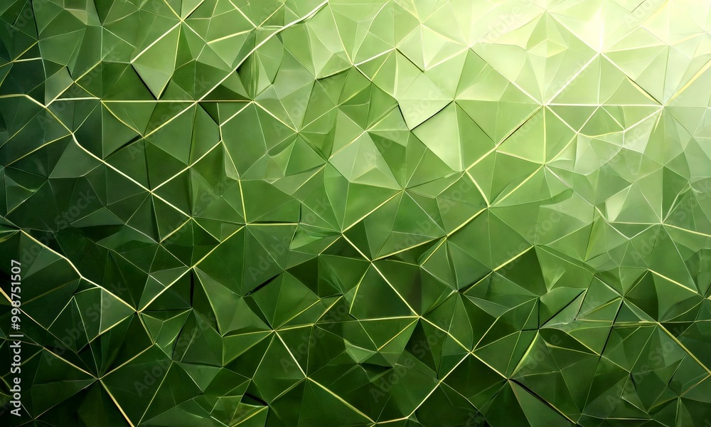 Poster a close-up view of a green, triangular pattern composed of numerous small triangles arranged in a grid-like fashion. The triangles vary in size and orientation, creating a