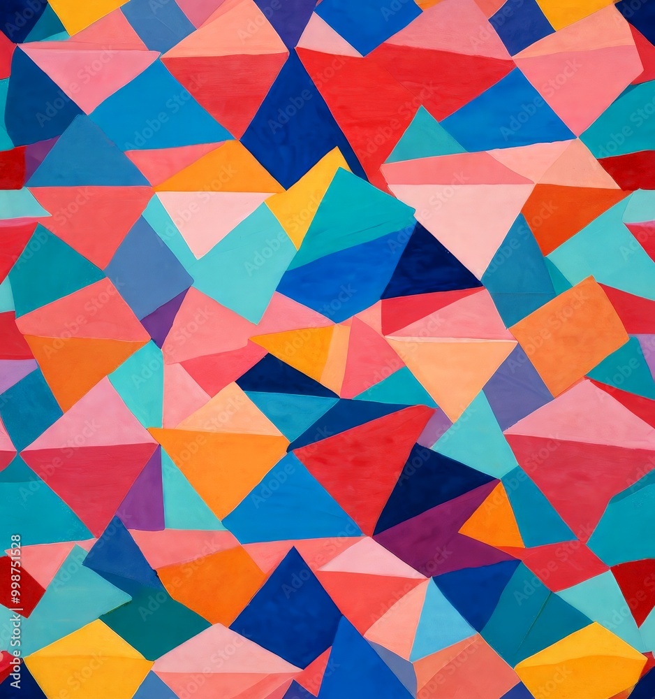 Aufkleber a vibrant abstract pattern composed of overlapping triangles in various shades of pink, blue, orange, and yellow, creating a visually striking and dynamic composition