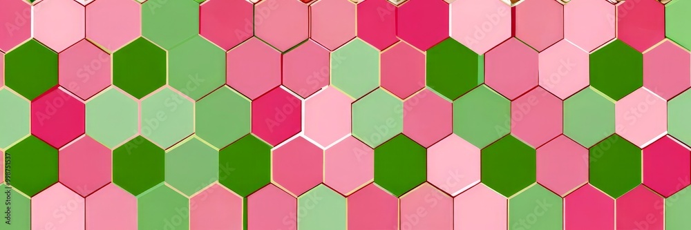 Poster A repeating pattern of pink and green hexagonal tiles arranged in a grid-like fashion, creating a visually appealing and harmonious design