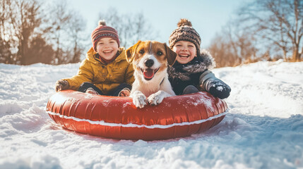 Smiling children with dog ride down on inflatable tubing sleds on sunny day. Inflatable sleds for active winter family recreation. Winter resort. Winter holidays. Happy kids on tube sliding down hill