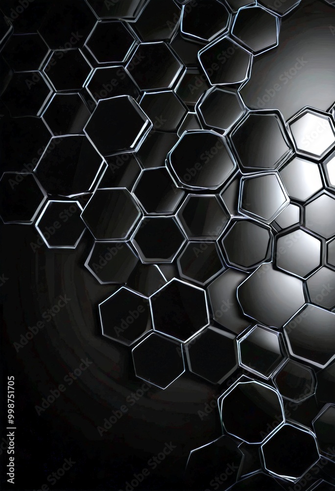 Poster a dark, abstract background composed of numerous hexagonal shapes, creating a sense of depth and complexity The precise arrangement of the hexagons and the absence of