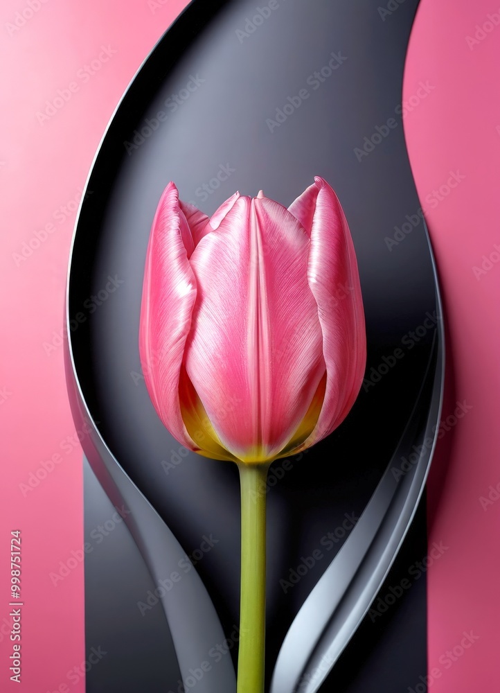 Poster A single pink tulip stands out against a black and pink background, with a curved black shape to the left and a vertical black line to the right