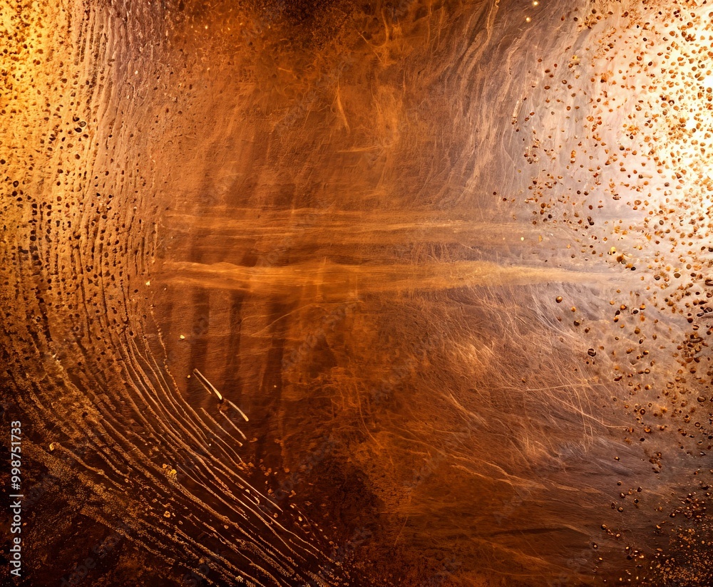 Poster a close-up view textured surface with a dark brown hue, featuring a pattern of lines and small specks of gold or brown