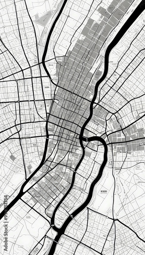 Poster a detailed black and white map city, with a focus on the streets and grid-like patterns