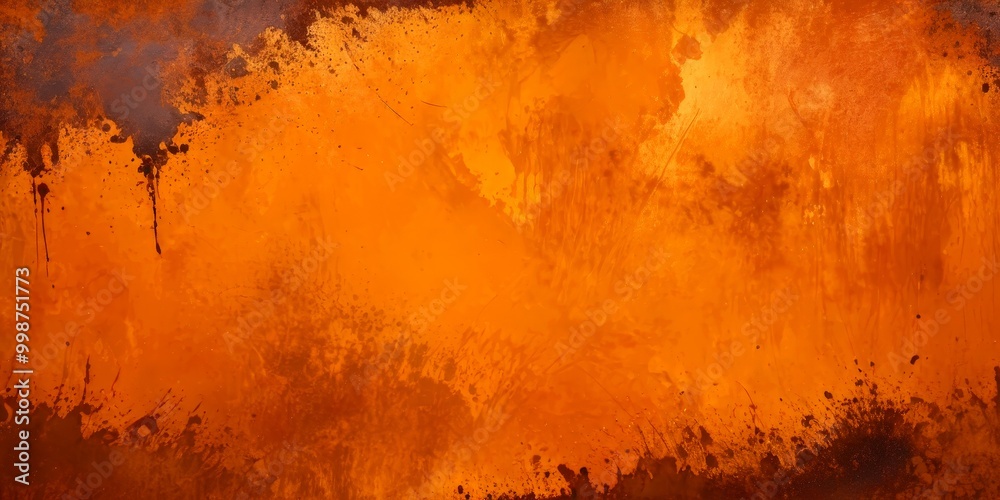 Poster a textured orange background with splatters of black and brown paint, creating a dynamic and expressive visual effect.