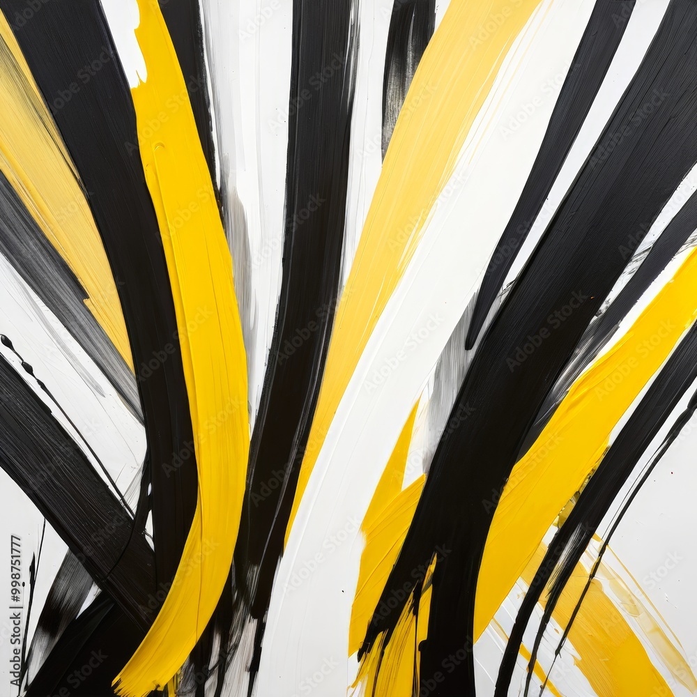 Aufkleber abstract painting featuring bold black and yellow brushstrokes arranged in a dynamic, overlapping pa