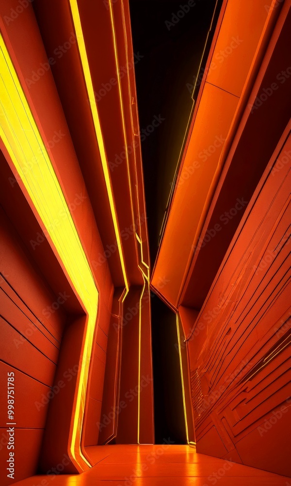 Poster a futuristic corridor with a geometric design, featuring vertical lines and a gradient of warm and cool colors The corridor appears to be illuminated by a series of