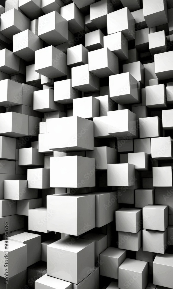 Poster A monochromatic densely packed arrangement of white cubes, creating a visually striking and geometric pattern