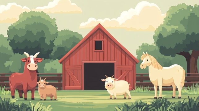 Flat illustration of a rural barnyard scene featuring a horse, cow, goat, and pig, Farm Animals, Country farm life