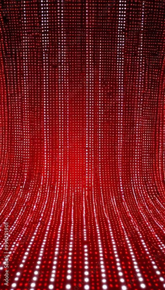 Poster a curved wall with a repeating pattern of red and white dots, creating a visually striking and dynamic effect