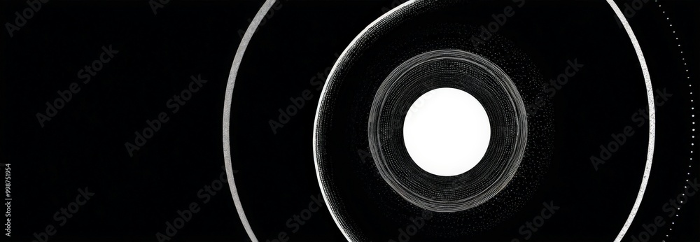 Poster a black and white abstract composition with a central white circle and a series of concentric circles surrounding it, creating a sense of depth and movement