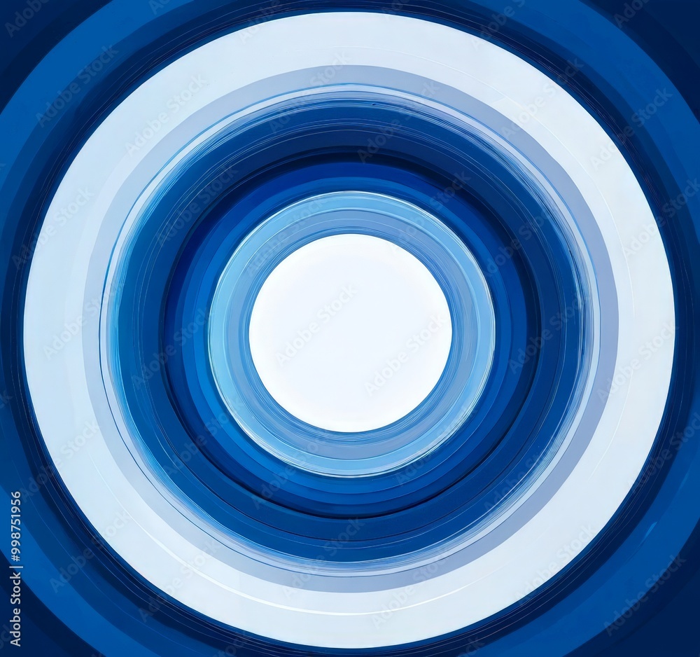 Poster a circular pattern with concentric blue and white rings, creating a visually striking and abstract design