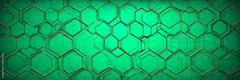 Poster a repeating pattern of hexagonal shapes in varying shades of green, arranged in a grid-like fashion against a dark green background
