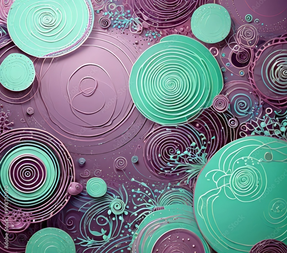 Poster a vibrant abstract composition of overlapping circles and swirls in shades of green and purple, creating a dynamic and visually captivating pattern